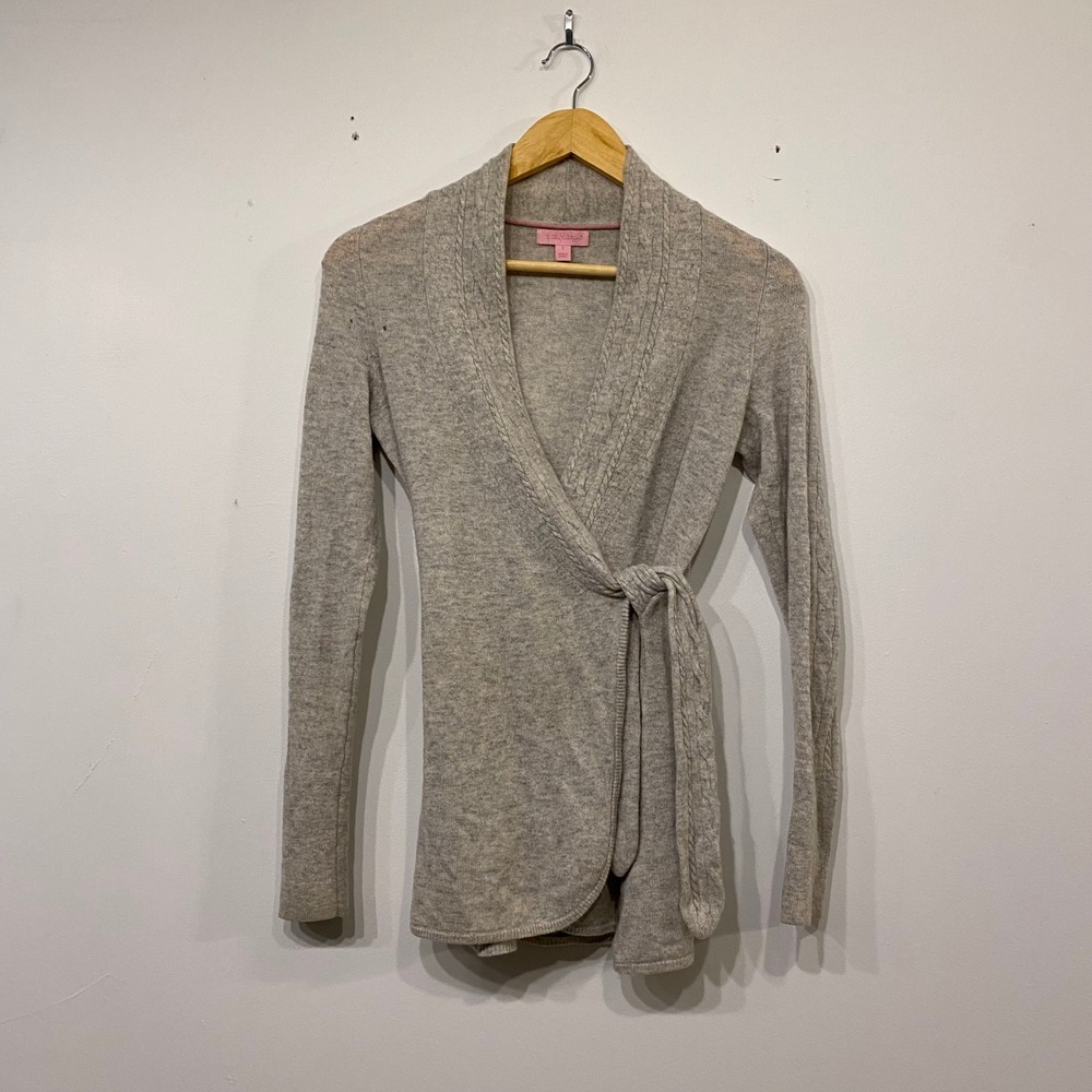 Lilly Pulitzer Womens Gray Cable Knit Wrap Cardigan Sweater Size S Tie Waist